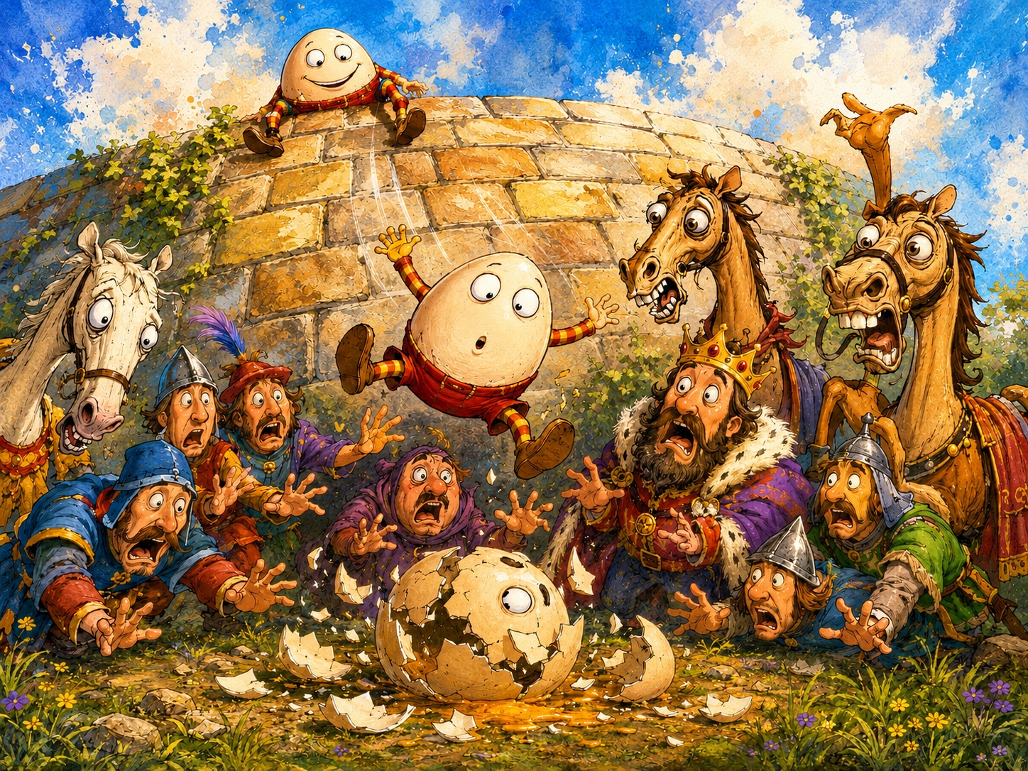 Humpty Dumpty scene with two egg characters, startled soldiers, horses, and a king reacting to a cracked egg.